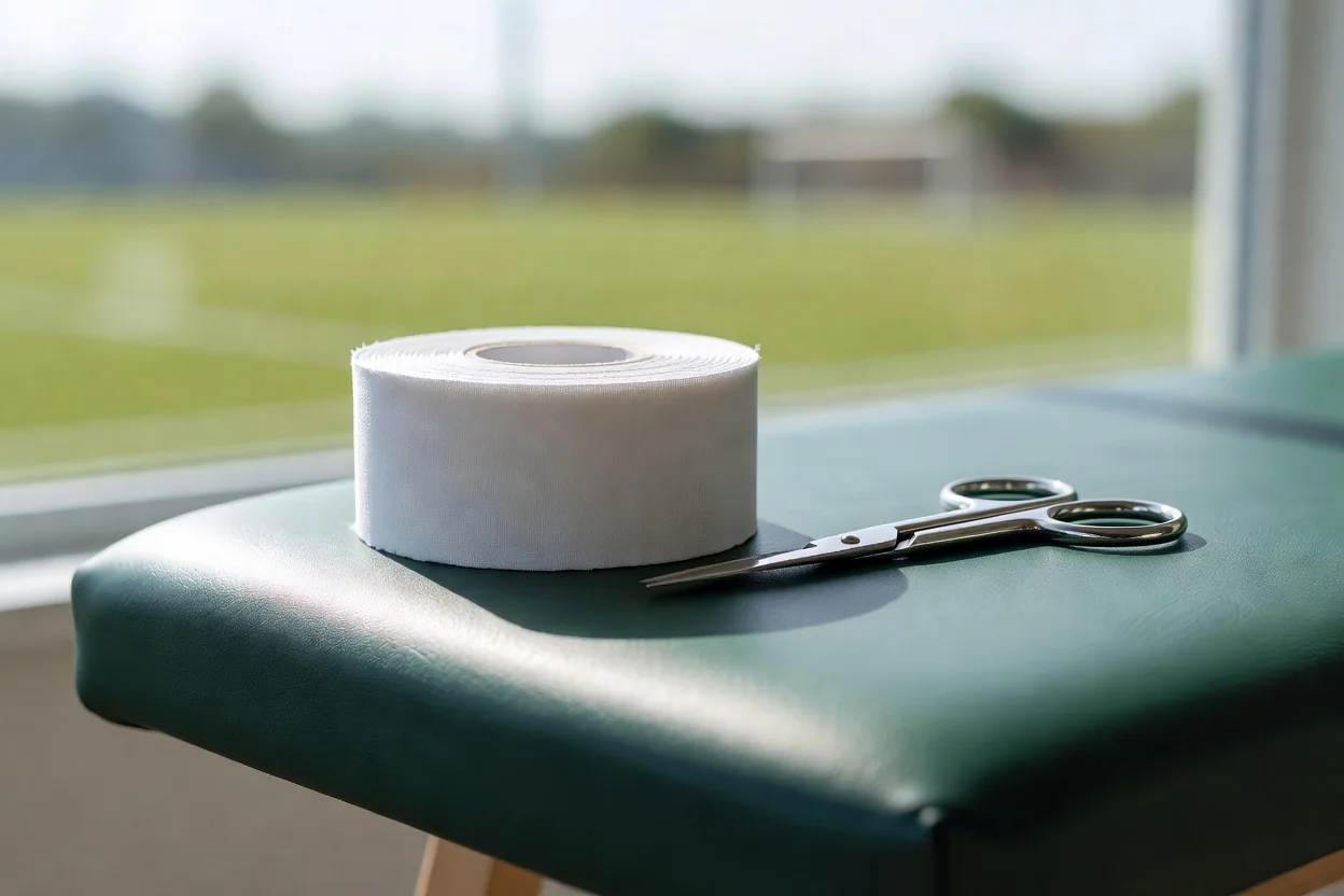 Tape roll and scissors beside a treatment bench