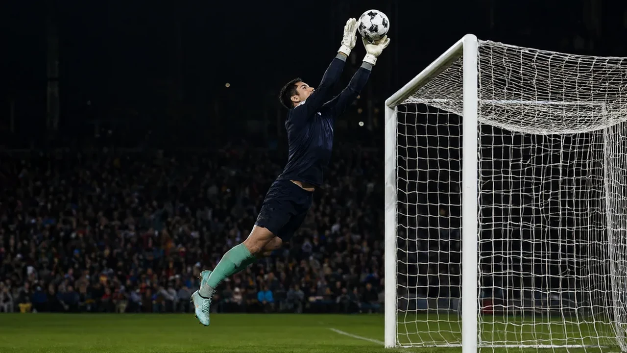 Goalkeeper diving to save the ball under floodlights