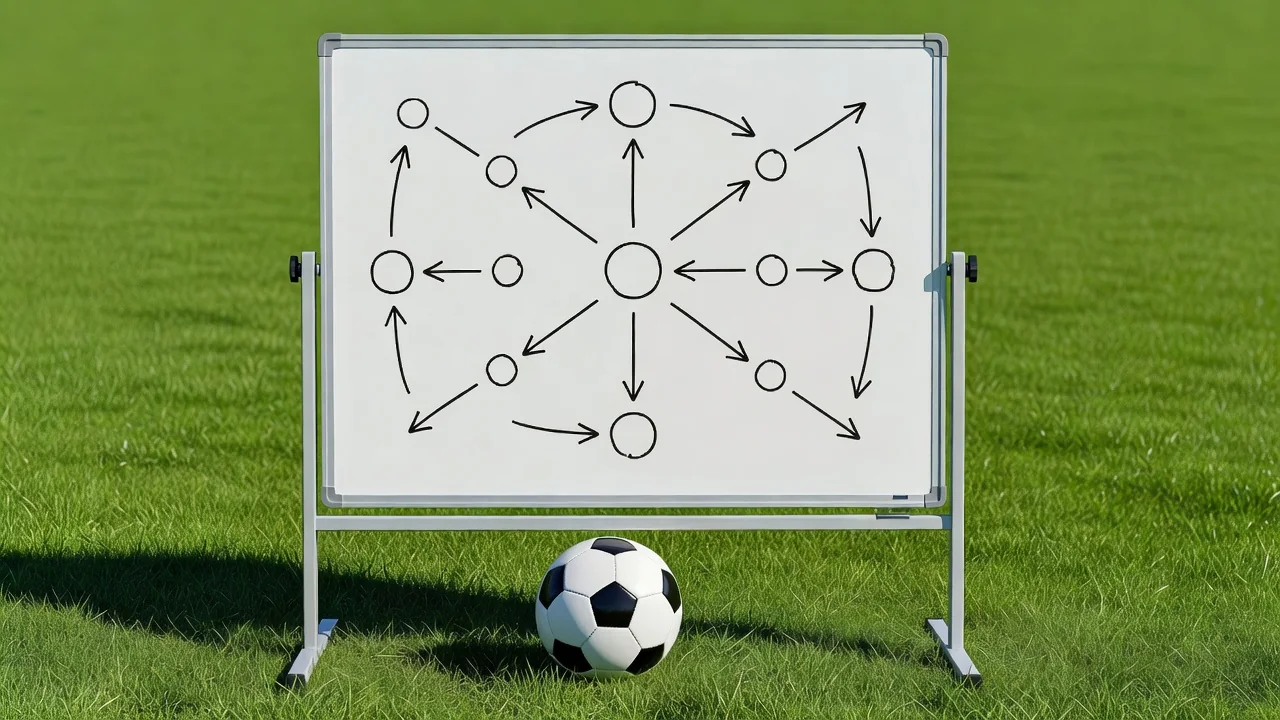 Laptop showing a blank pitch diagram beside a football