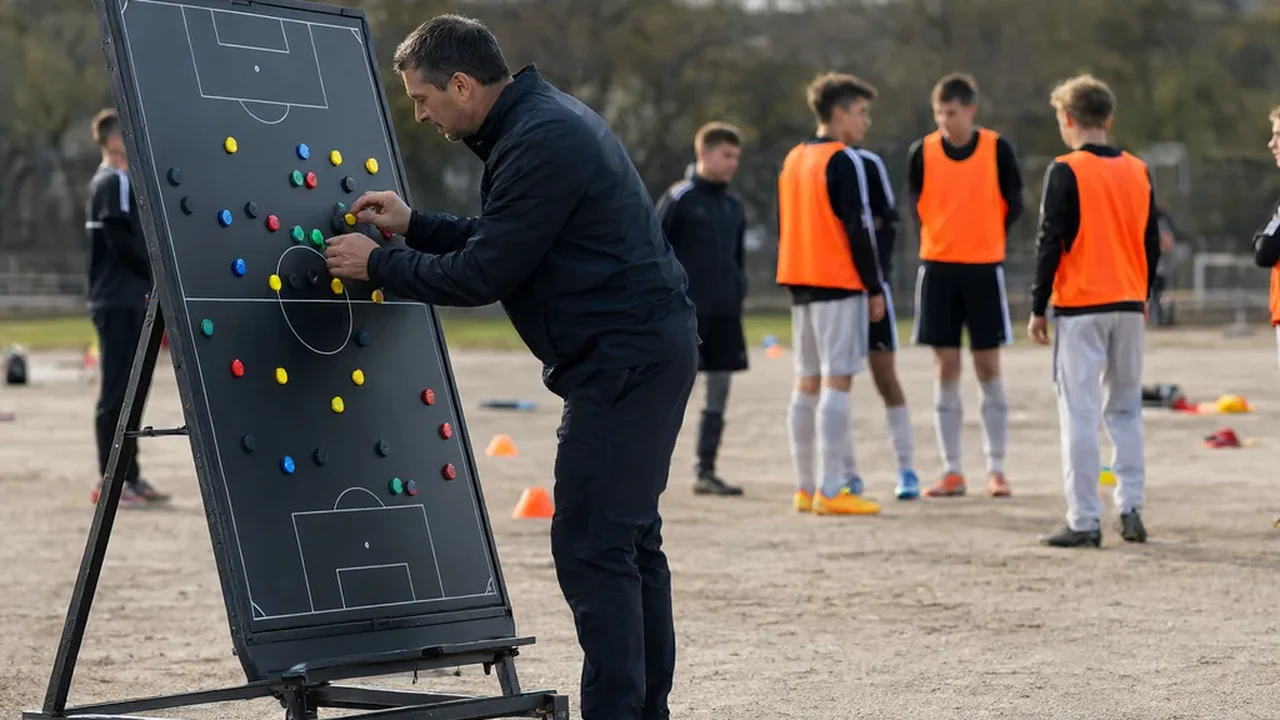 Coach arranging magnetic tactics board with players training in the background