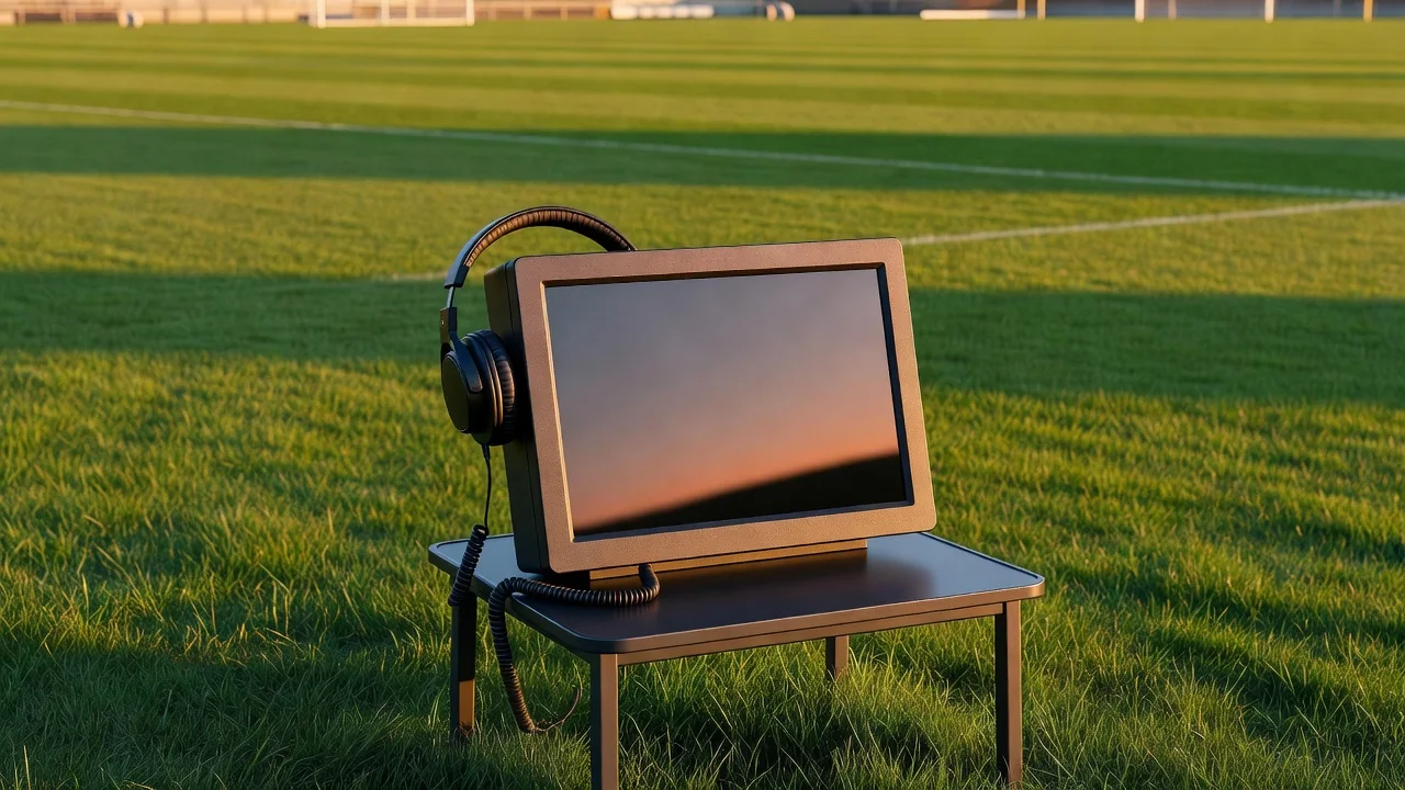 Television monitor and headphones at a VAR review station