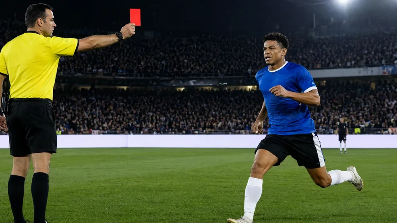 Referee showing a red card during a European night match