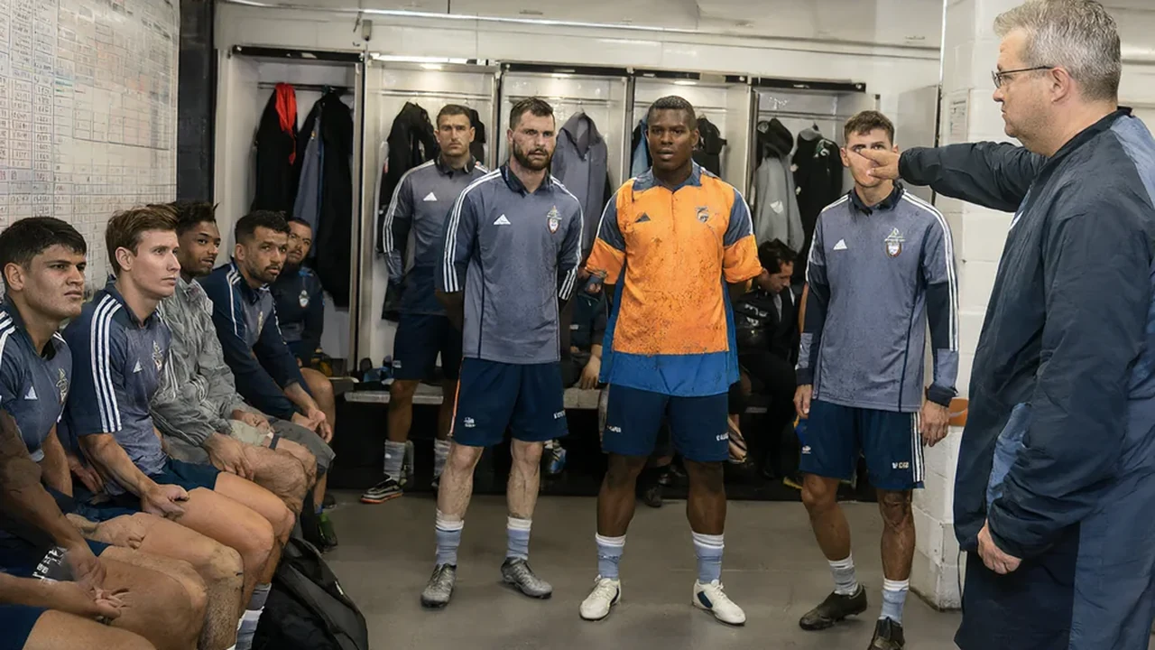 Coach pointing at a squad list board in the dressing room before a match